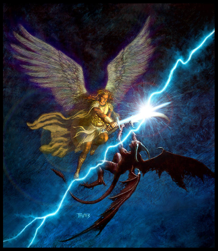 Angel and demon battling