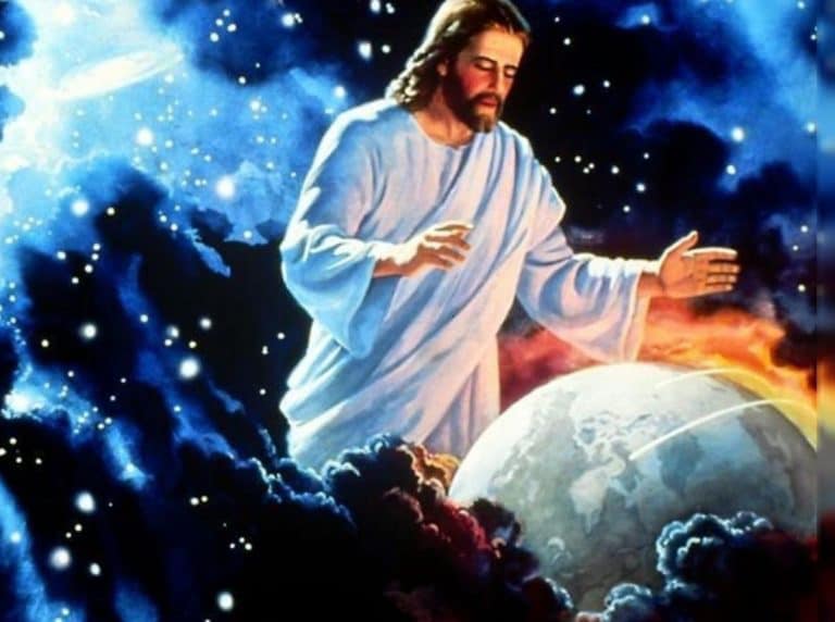 Jesus holding the whole world in his hands to indicate God directly and openly ruling the coming Kingdom of God nation on earth